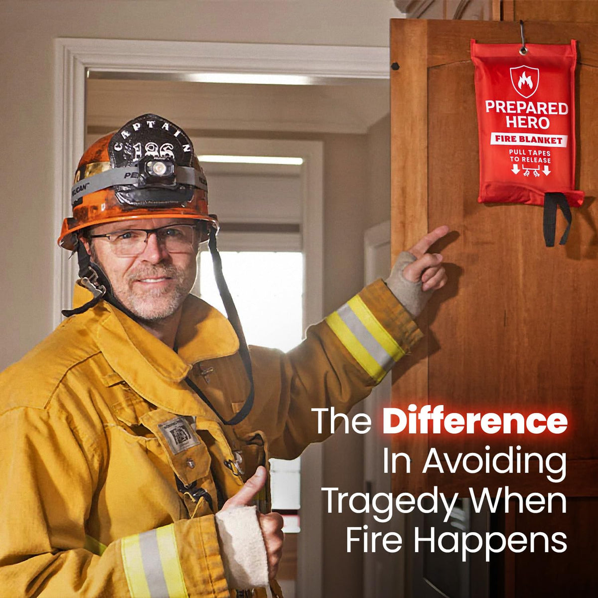 Prepared Hero fire blanket mounted on wall with a convenient storage slot.