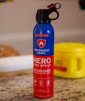 Easy-deploy design of Prepared Hero Fire Spray for stressful situations.