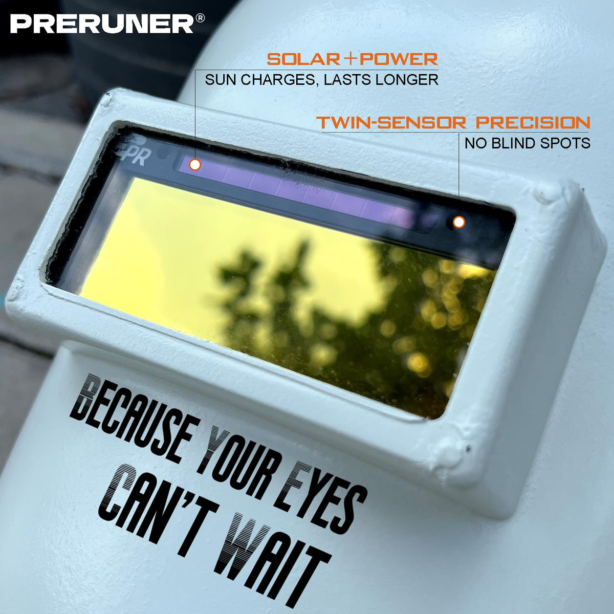 preruner core series gold shade 10 lens uses integrated battery and solar panel for maintenance-free power