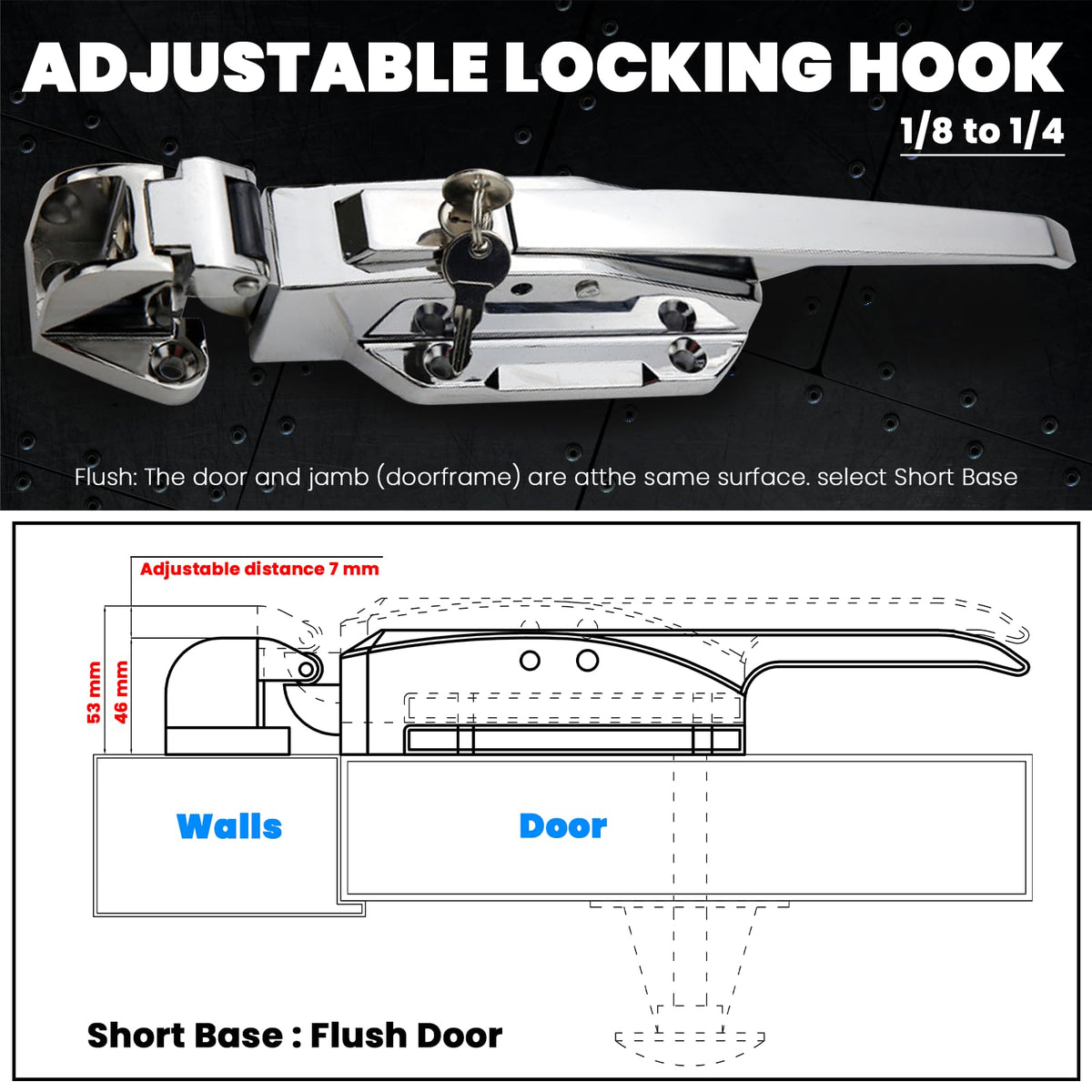 Preruner 5.9-inch release handle fits doors 4 to 6 inches thick.