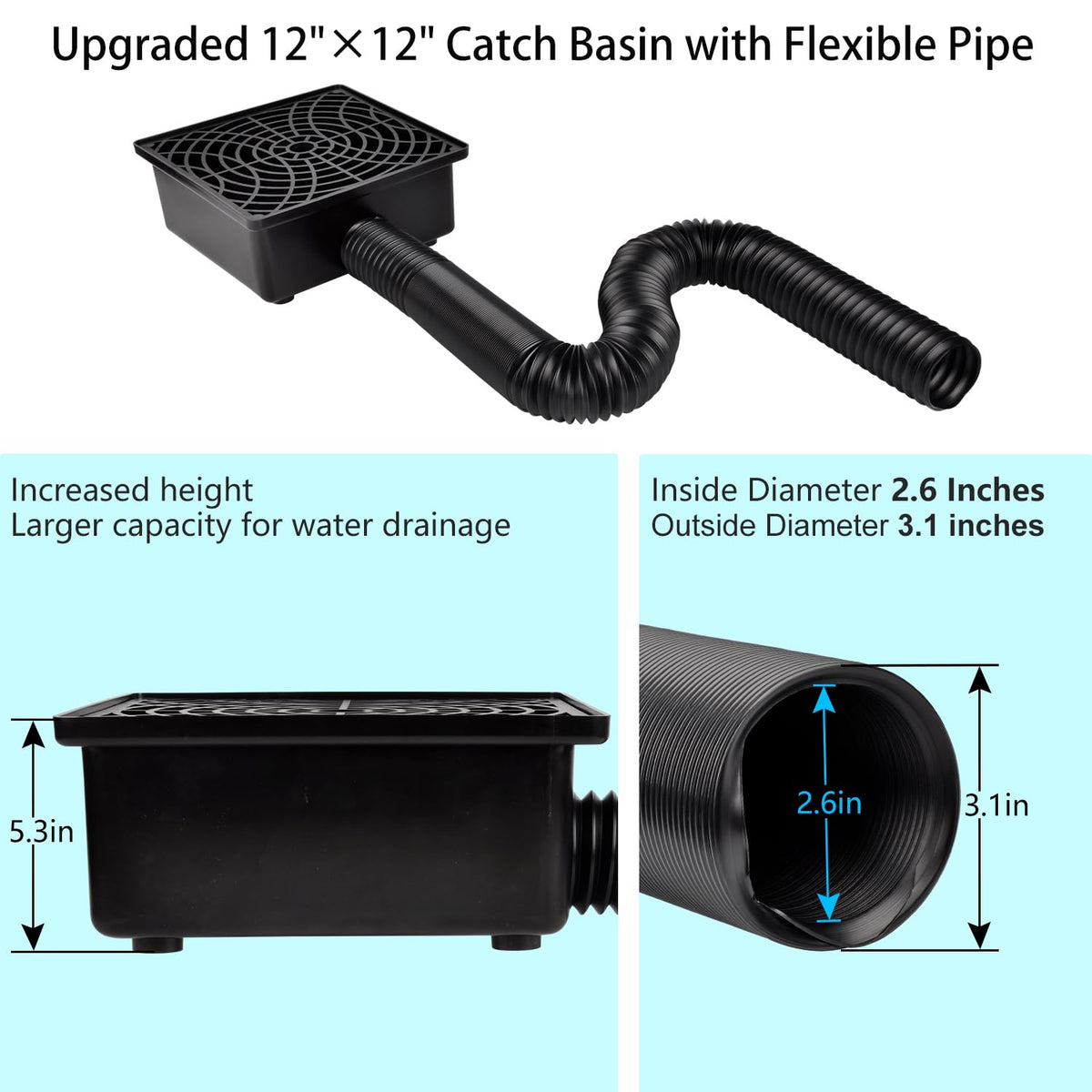 Prestantious catch-basin-assembly shows 12x12 base and spout connection