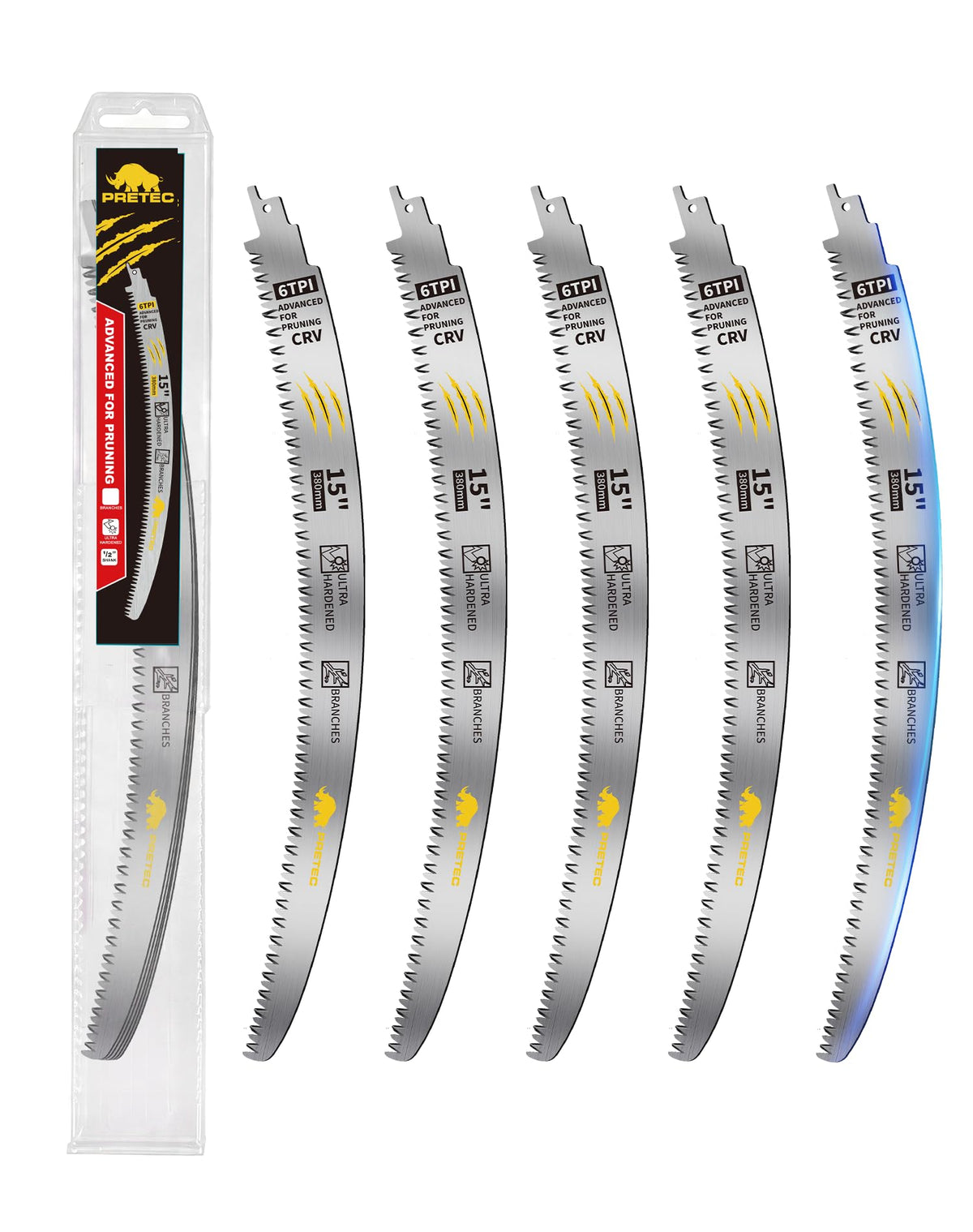 PRETEC 15-inch Japanese teeth blade with arc edge for smoother, snag-free cuts.