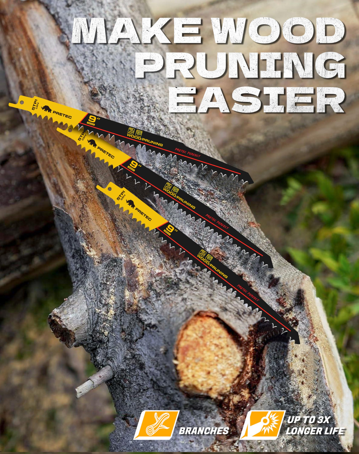 PRETEC blades in use pruning branches in a garden setting