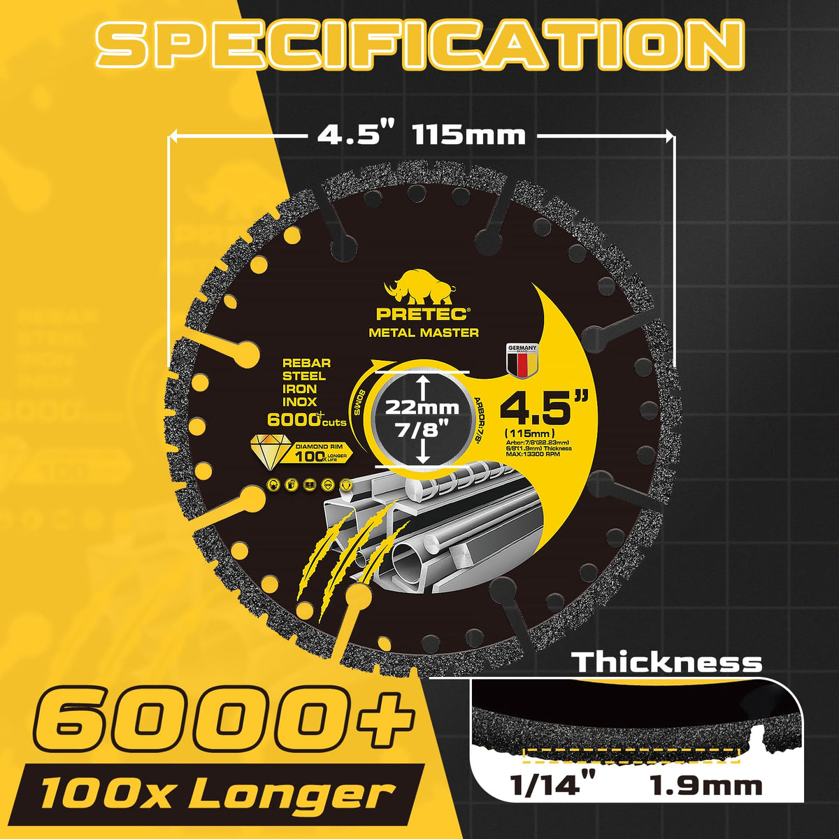PRETEC metal cutting disc handling steel bars and pipes