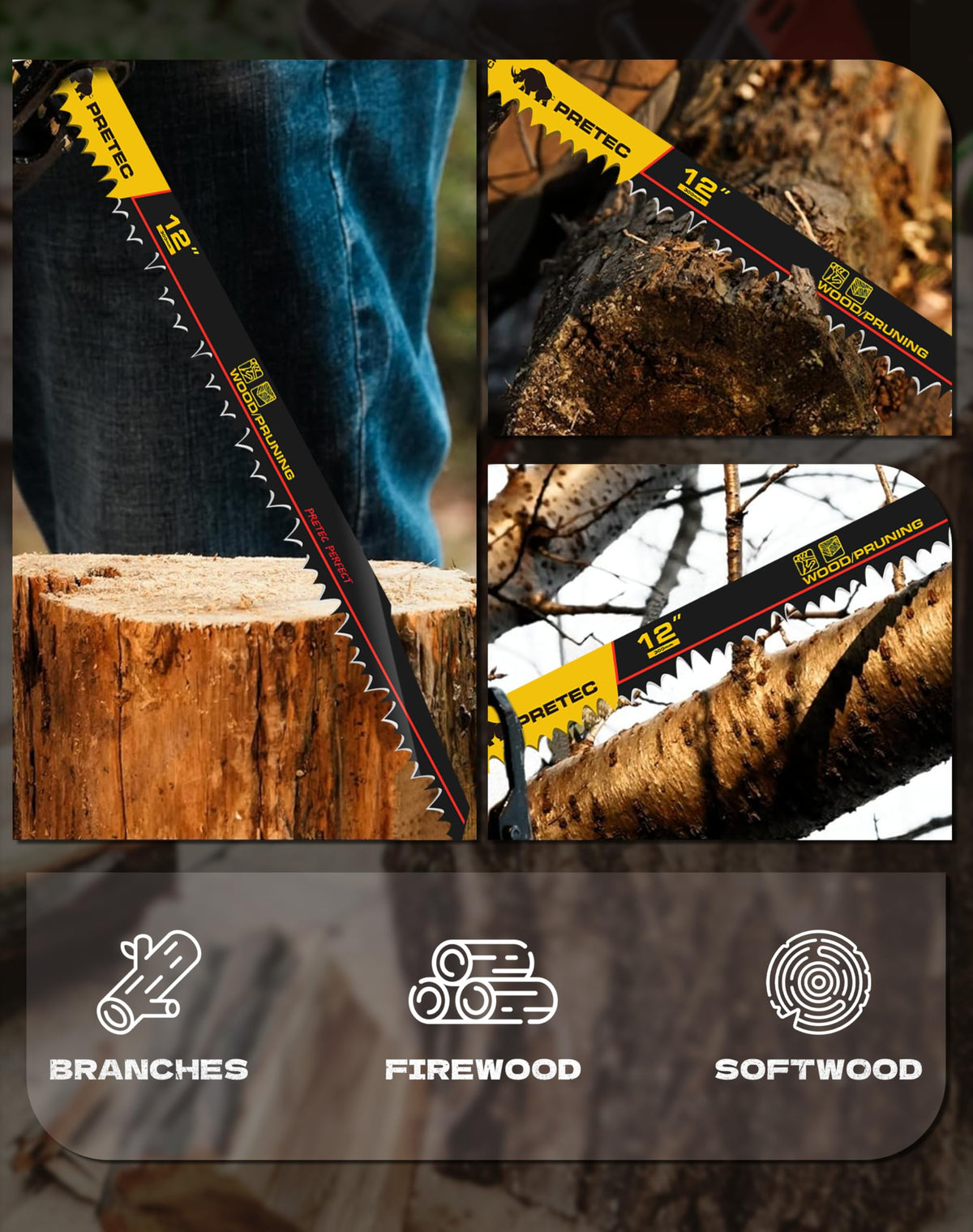 PRETEC tree pruning in garden demonstrates branch trimming capability.