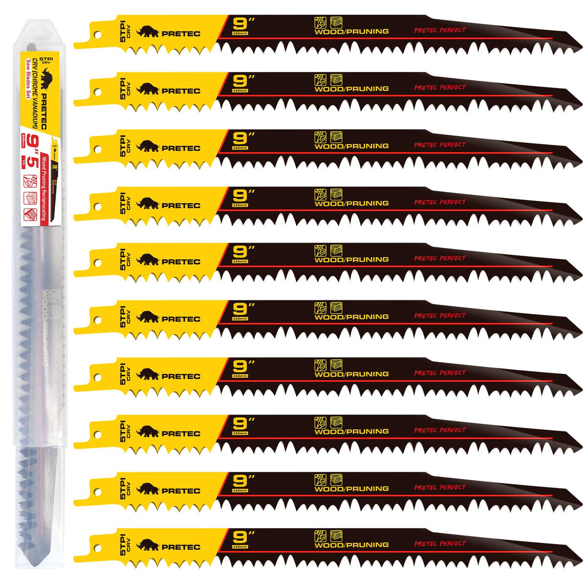 PRETEC wood pruning blades 9-inch, 10-pack, 5TPI for precise pruning