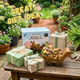 PRETMANNS solar bunny statue designed for year-round outdoor use.