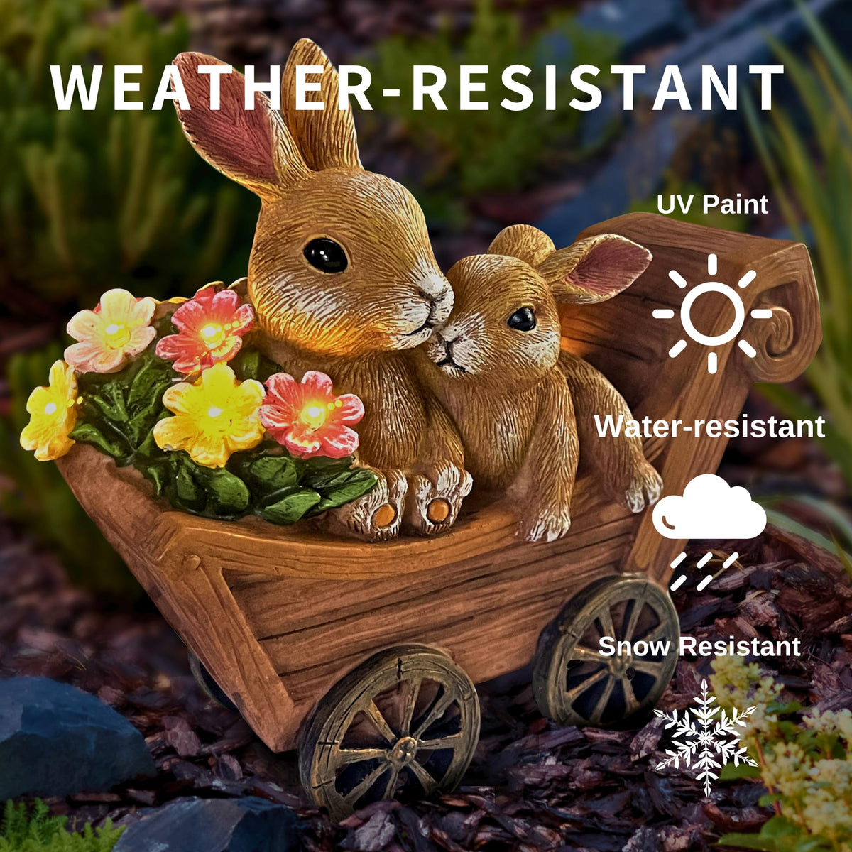 PRETMANNS solar bunny yard path light brightens walkways after sunset.
