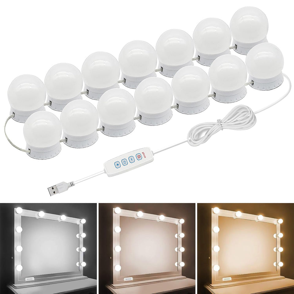 Prettmess LED vanity mirror lights deliver shadow-free makeup illumination on a dressing table.