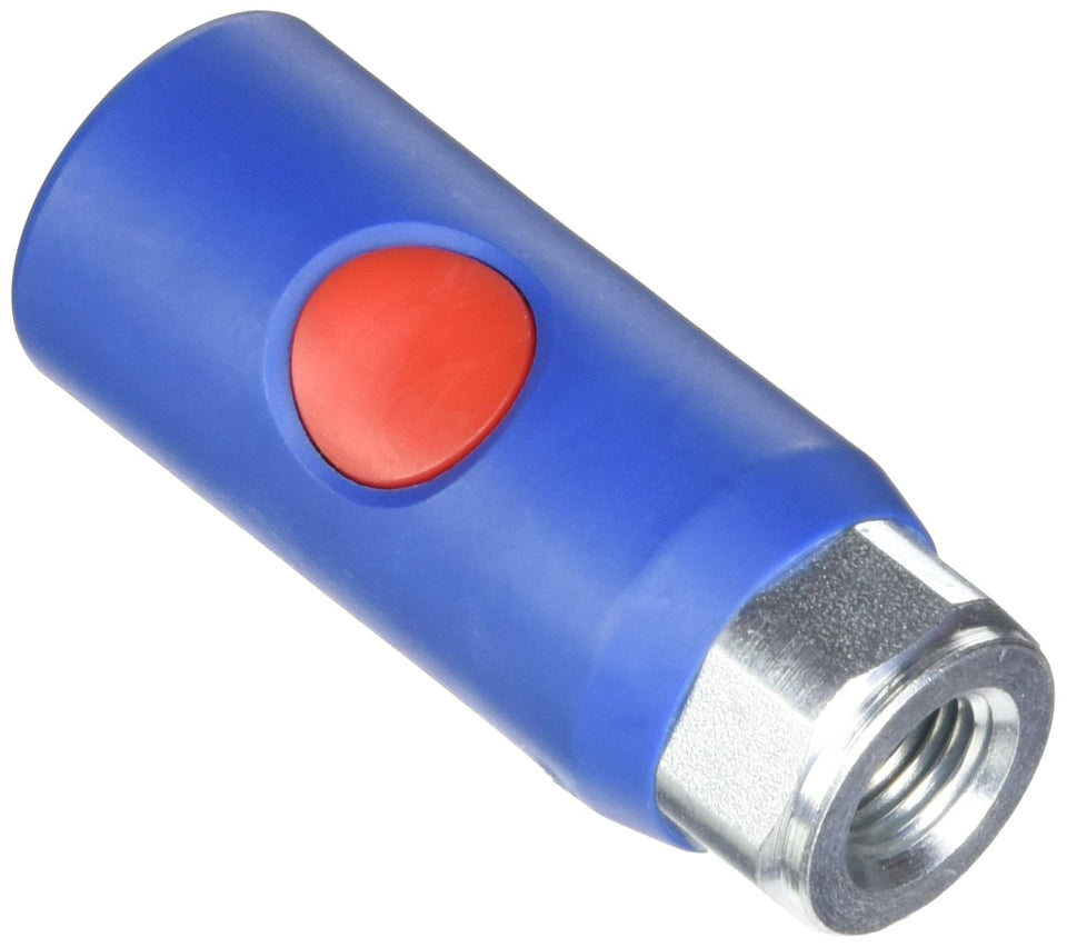 Prevost PRVURC061201 coupler with blue body and red push button for quick, safe air venting