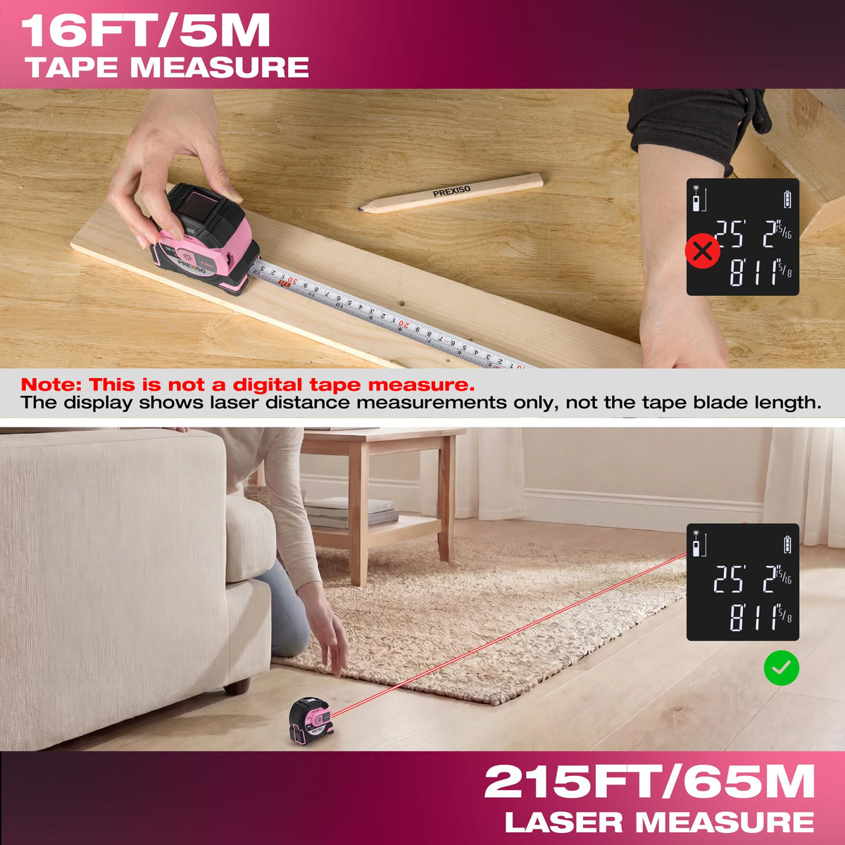 Prexiso 2-in-1 laser tape measure back view showing compact body and robust casing.