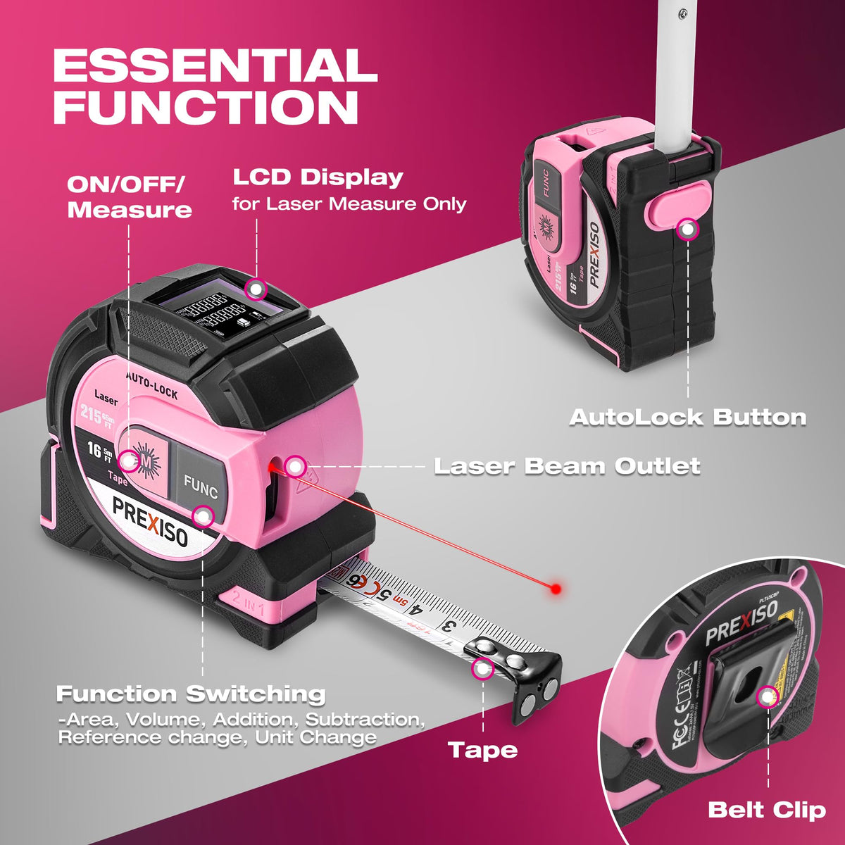 Prexiso 2-in-1 laser tape measure compact design and belt clip for portable jobs.