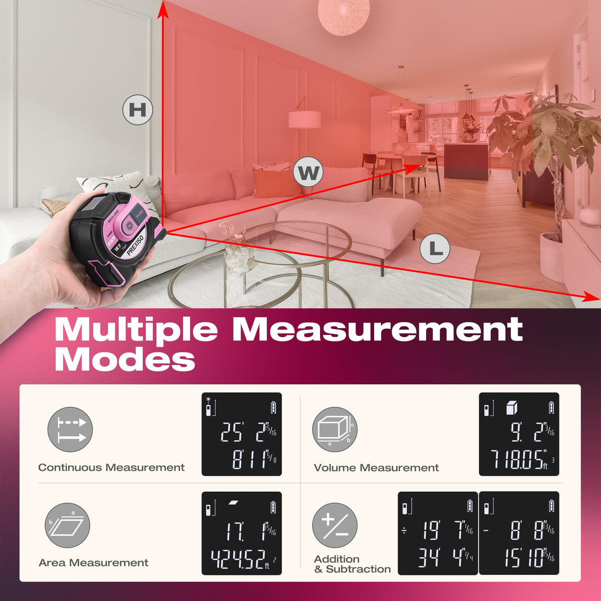 Prexiso 2-in-1 laser tape measure display view highlights the backlit screen.