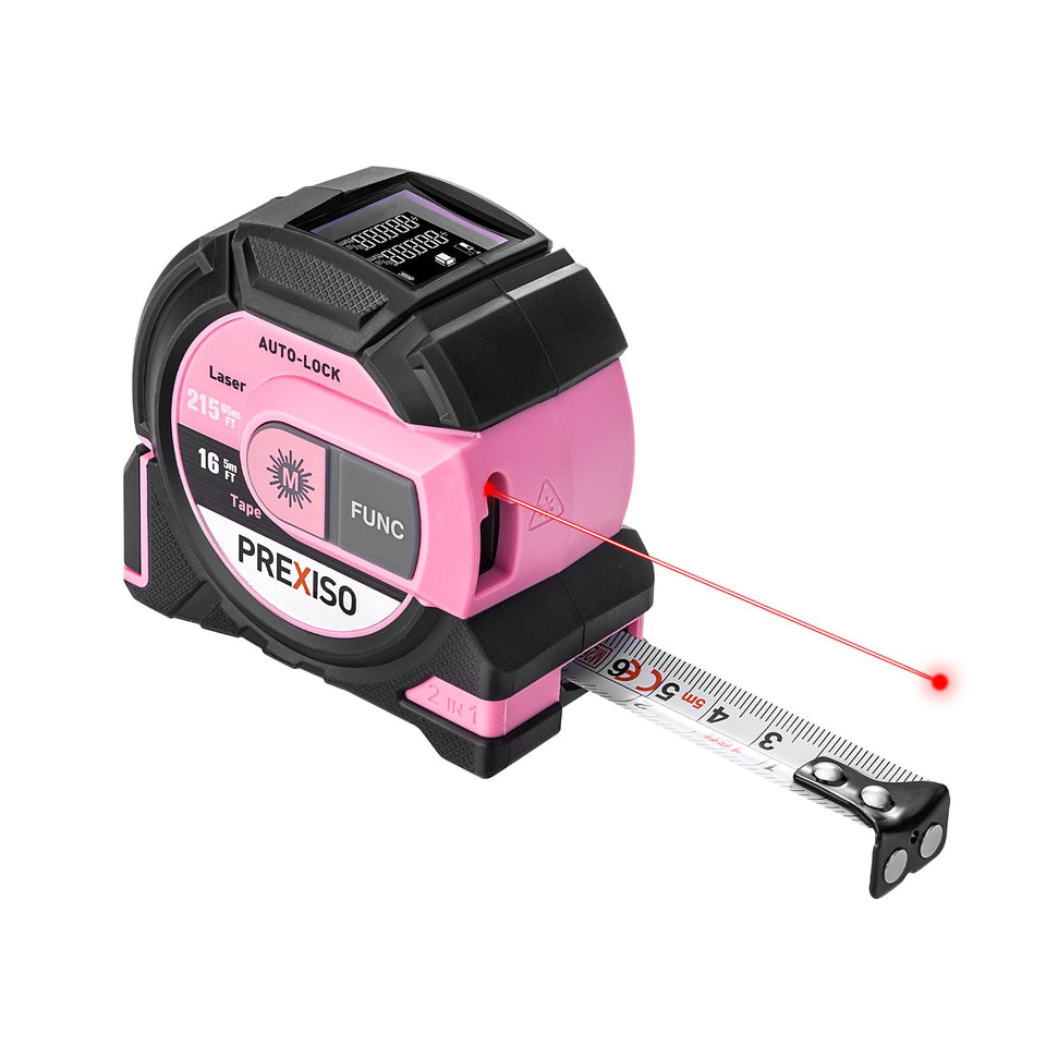 Prexiso 2-in-1 laser tape measure front view with a clear display and durable grip.