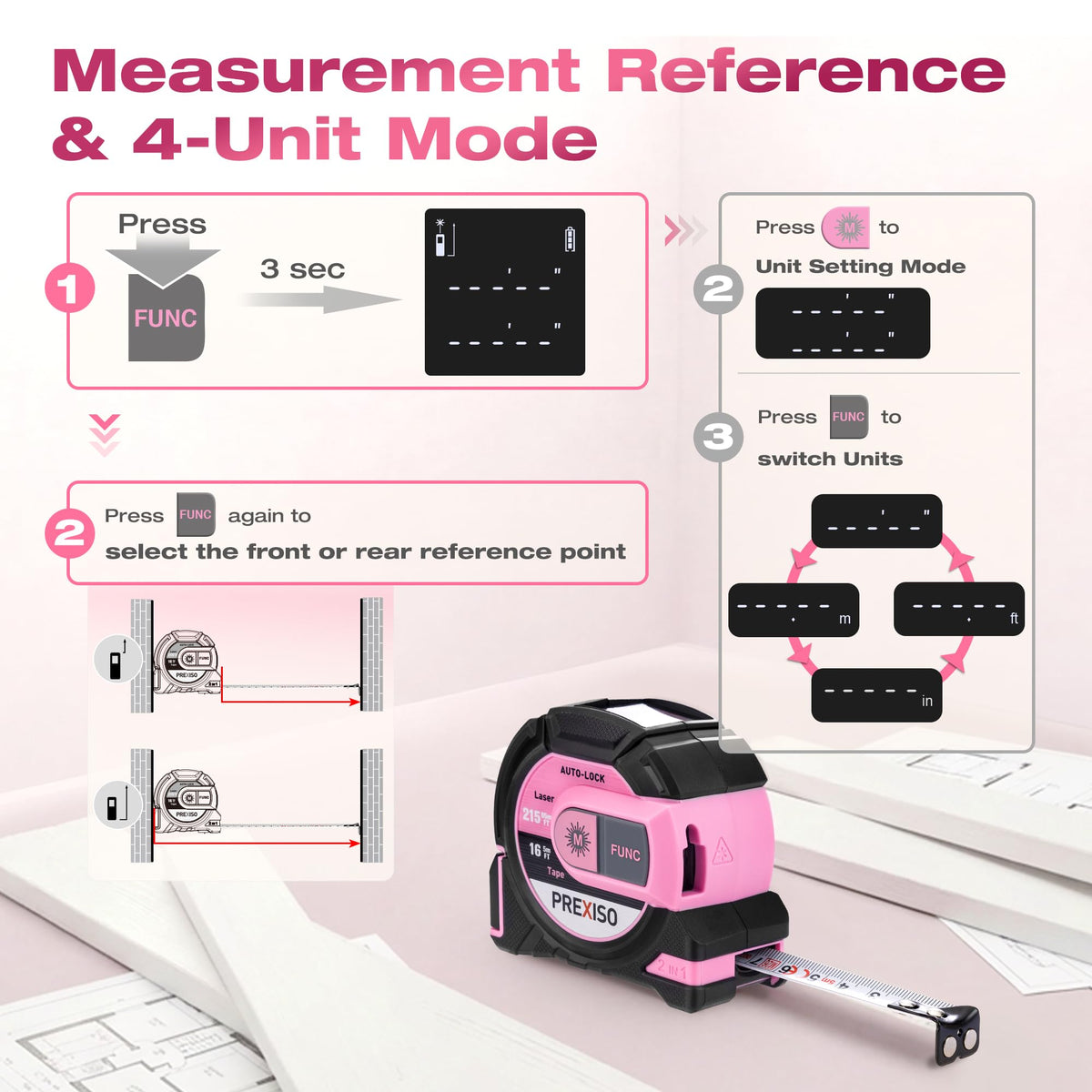 Prexiso 2-in-1 laser tape measure magnetic hook showing quick attachment.
