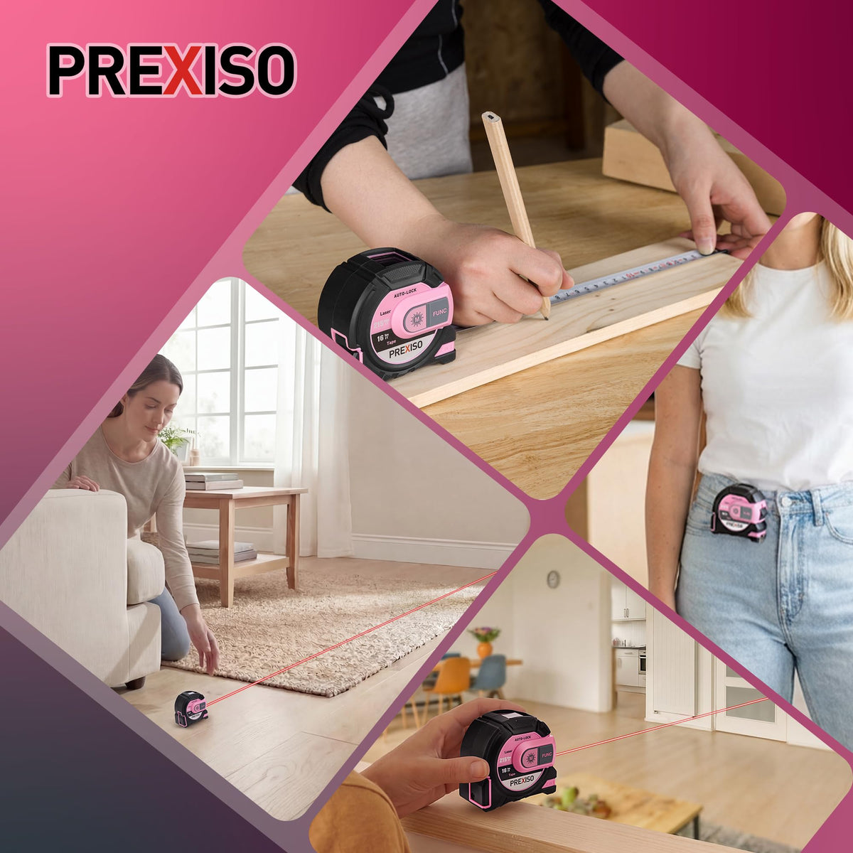 Prexiso 2-in-1 laser tape measure practical use cases for indoor projects.