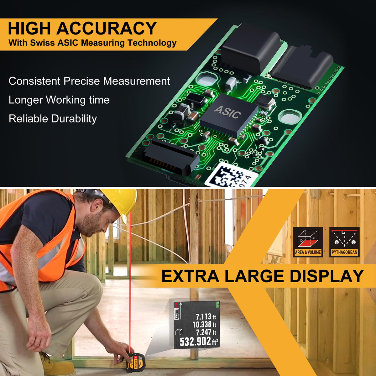 Prexiso 2-in-1 laser-tape-measure 135ft range enables long-room measurement with accuracy.