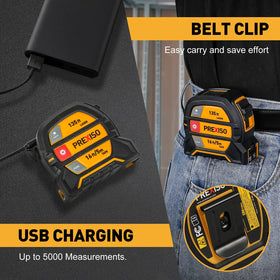 Prexiso 2-in-1 laser-tape-measure applications illustrate versatility for home, job sites, and real estate.