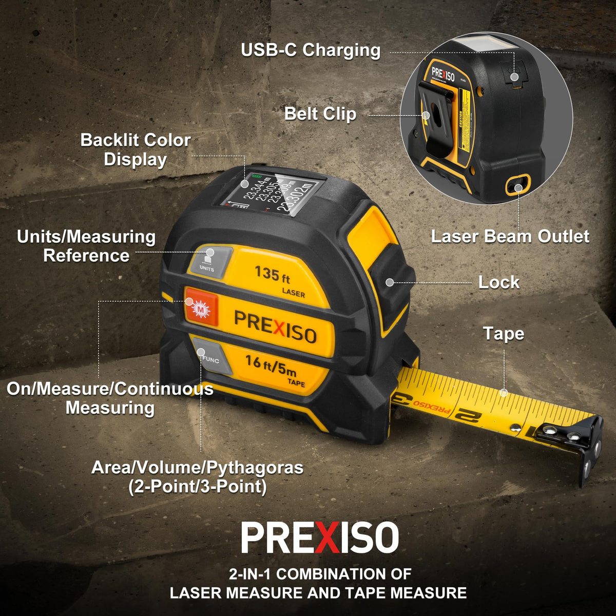 Prexiso 2-in-1 laser-tape-measure belt-clip keeps it within reach.