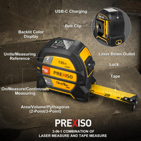 Prexiso 2-in-1 laser-tape-measure belt-clip keeps it within reach.