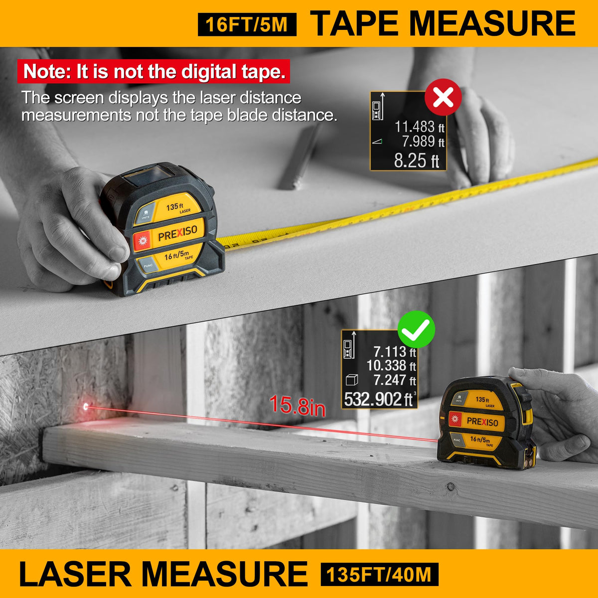 Prexiso 2-in-1 laser-tape-measure digital display highlights laser distance clearly for dim conditions.