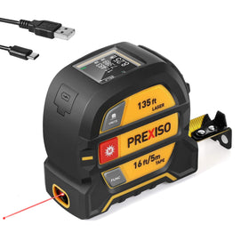 Prexiso 2-in-1 laser-tape-measure front view shows compact design for quick measurements.