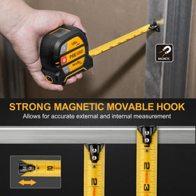 Prexiso 2-in-1 laser-tape-measure magnetic tip attaches firmly to metal surfaces.
