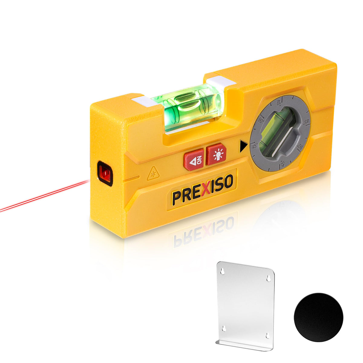 Prexiso 2in-1 line laser level with LED pocket light for dark workspaces.