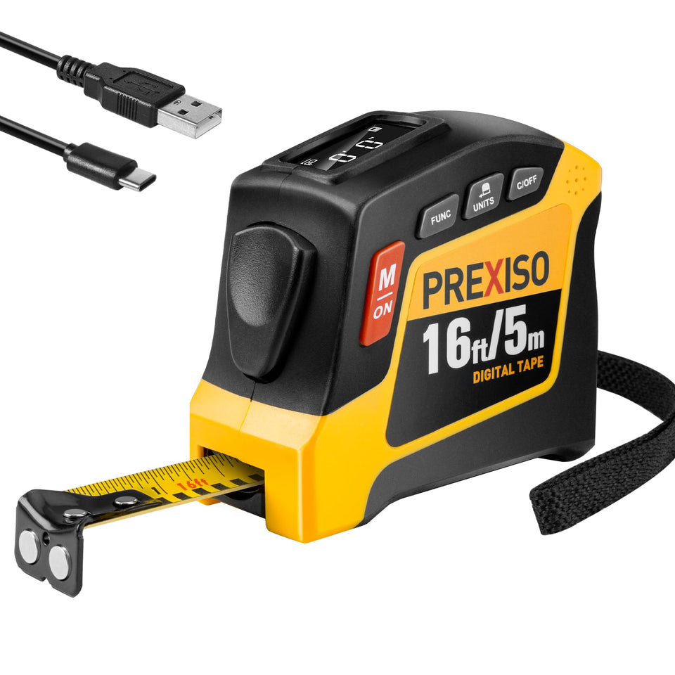 PREXISO 2-in-1 digital tape measure with 16 ft capacity for quick room measurements.