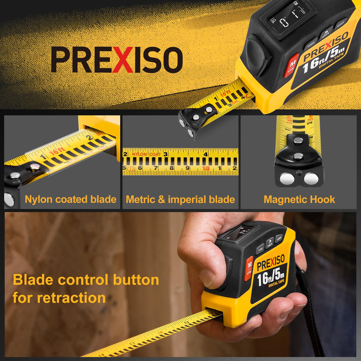 PREXISO nylon-coated ruler resists rust for durable construction tasks.