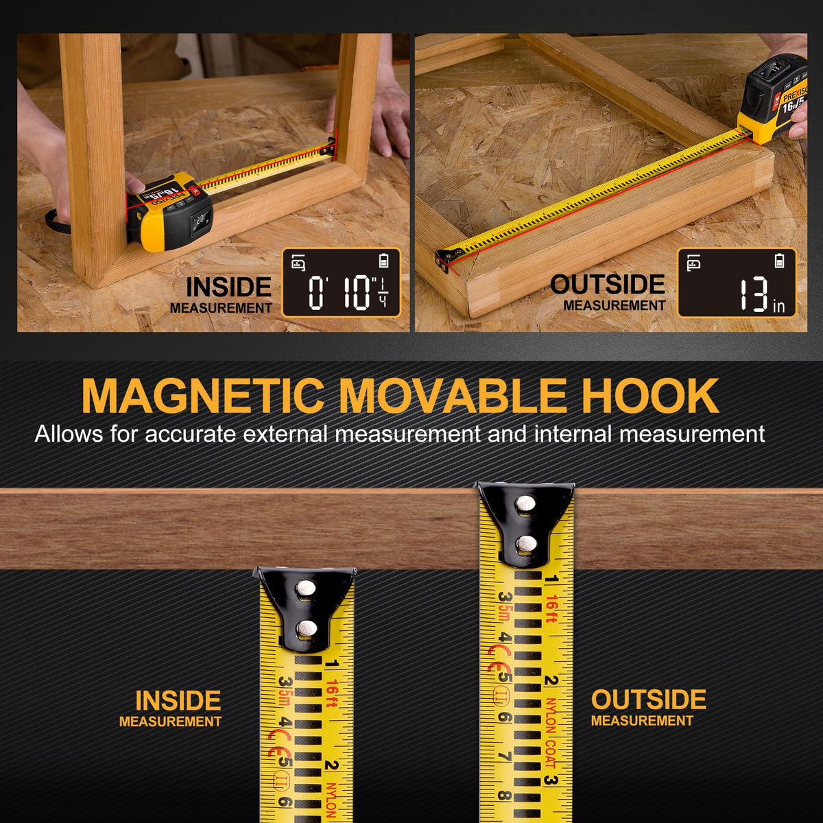 PREXISO unit switch provides feet, inches, meters, and more for versatile use.