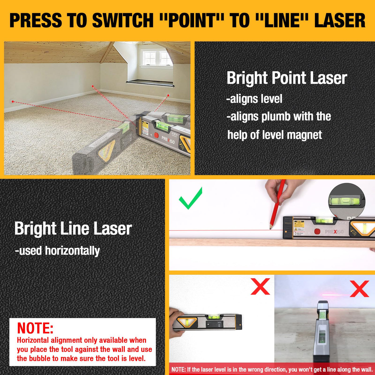 Prexiso 2-in-1 laser level showing 100 ft alignment point for precise marking.