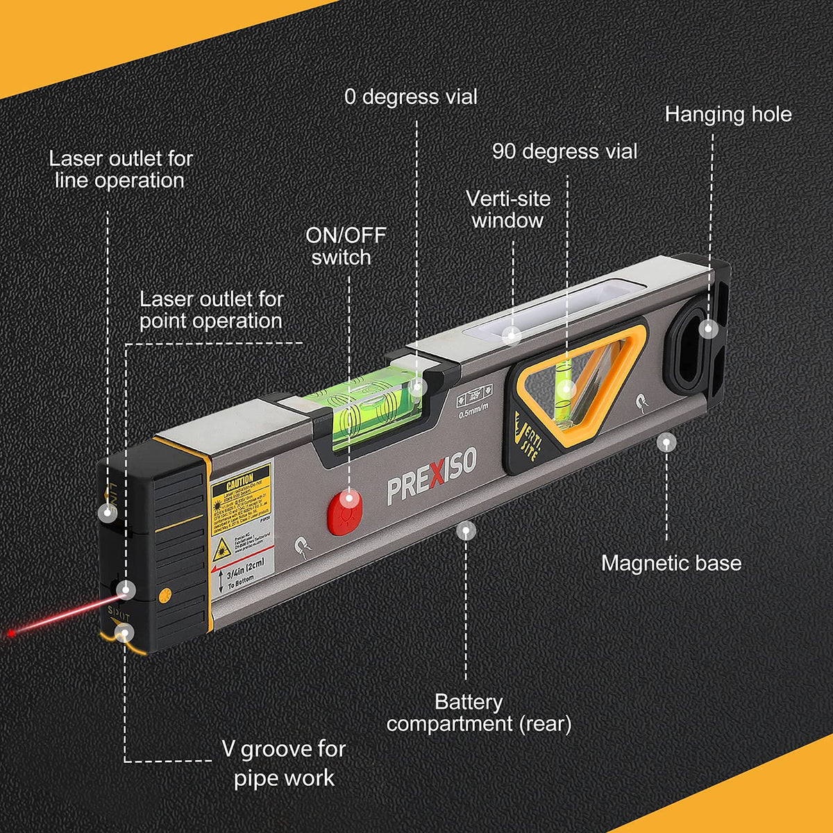 Prexiso laser level with LED vials for reading in dim spaces.