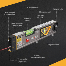 Prexiso laser level with LED vials for reading in dim spaces.