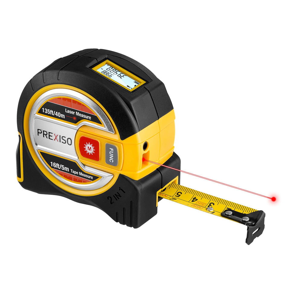 PREXISO 2-in-1 laser tape measure displays 135ft distance for quick room planning.