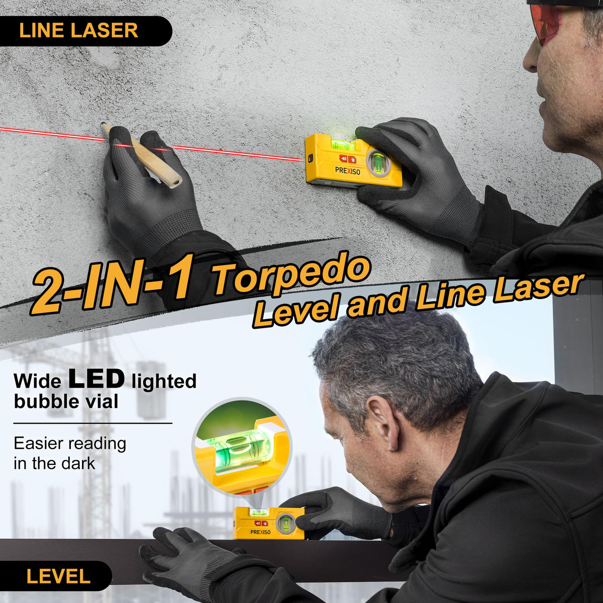 Prexiso line laser level magnetic base in use for hands-free setup.