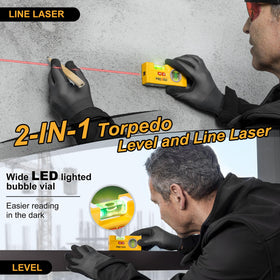 Prexiso line laser level magnetic base in use for hands-free setup.