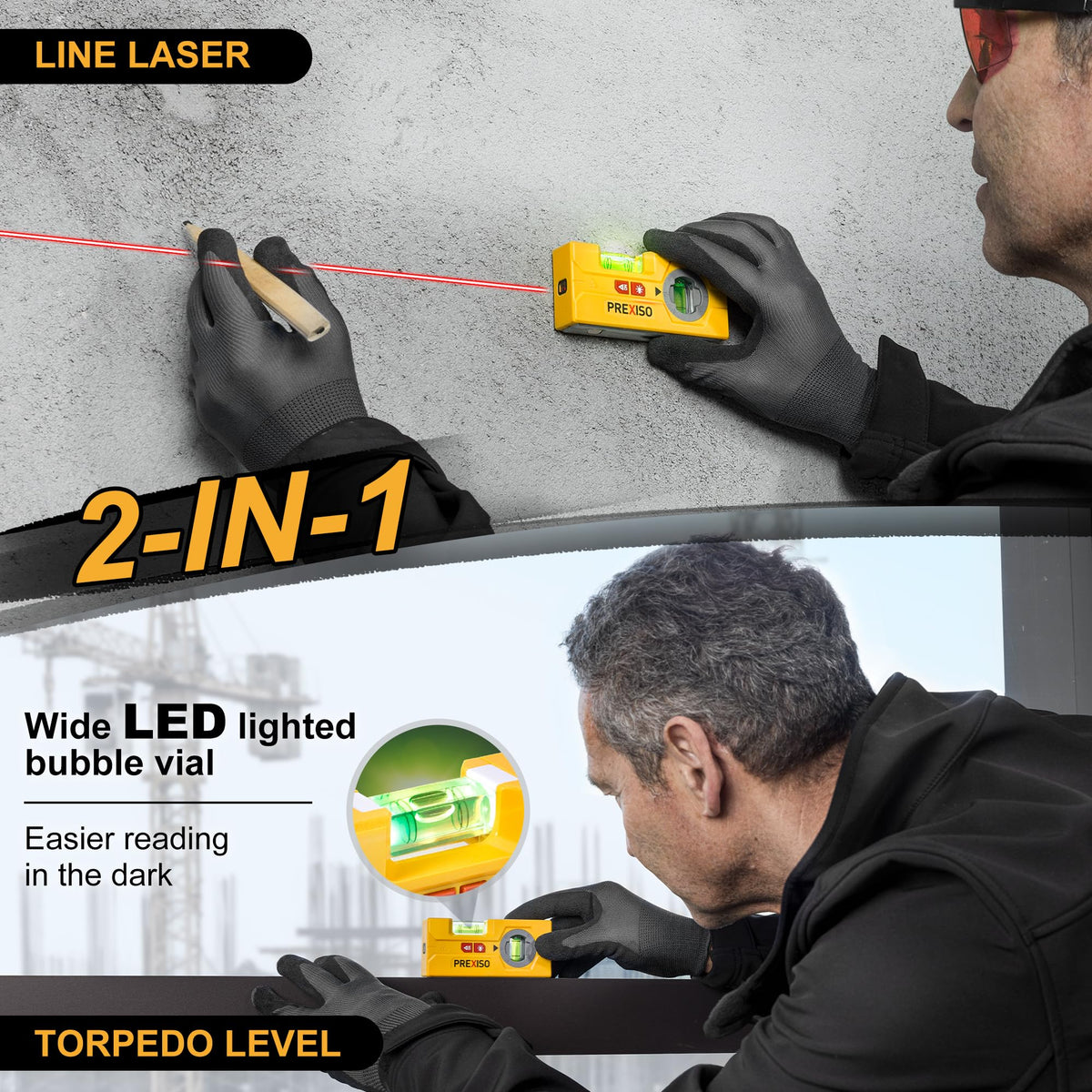 Prexiso 30ft line laser for horizontal and vertical leveling.