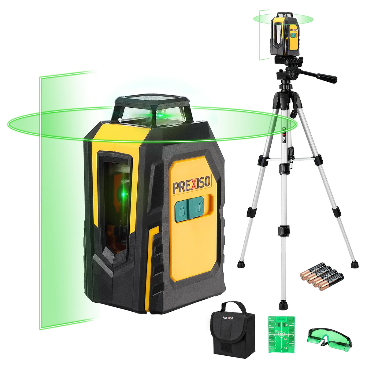 Prexiso 360° laser level with tripod showing horizontal green line projection for precise alignment.
