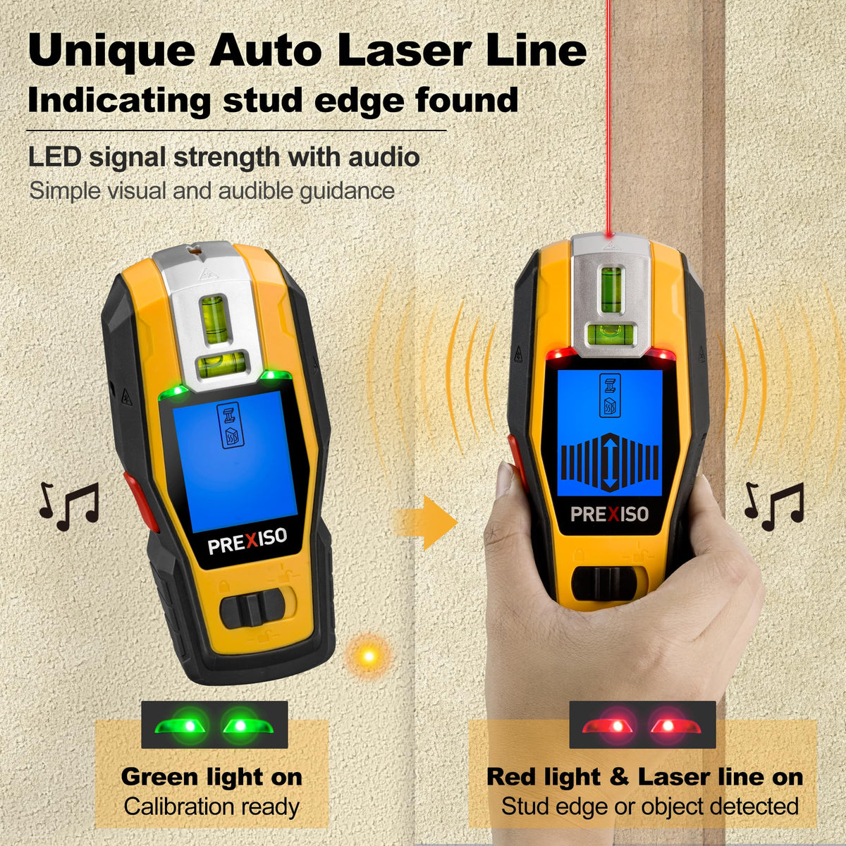 Prexiso detects wood and metal studs behind drywall safely.
