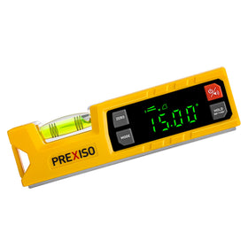 Prexiso digital level with magnetic base for hands-free woodwork tasks.