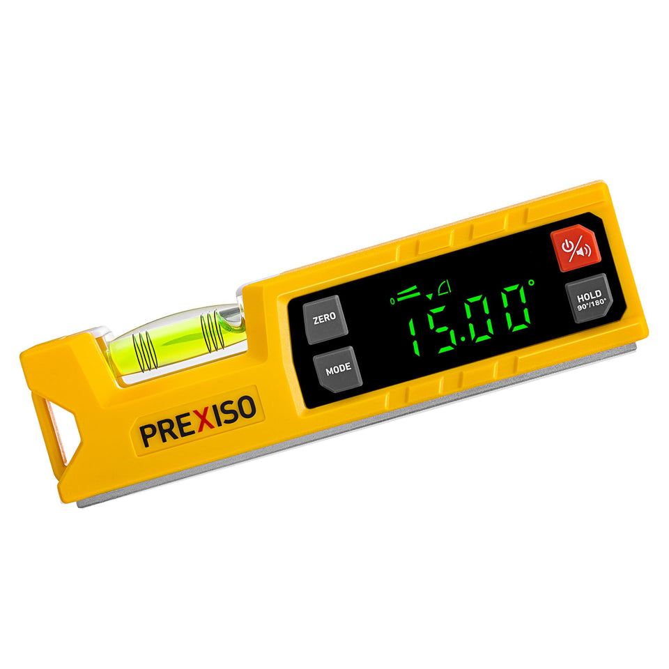 Prexiso digital level with magnetic base for hands-free woodwork tasks.