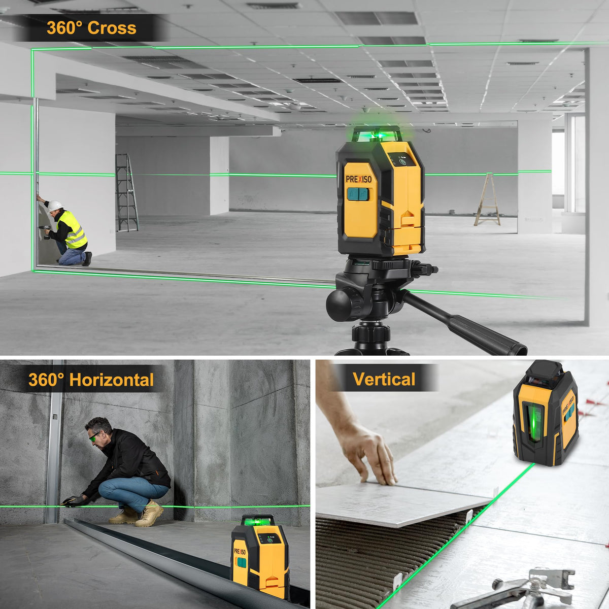 Prexiso laser level projects horizontal, vertical, and cross lines for square layouts.
