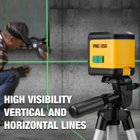 Prexiso tripod extended view helps position laser for tall walls