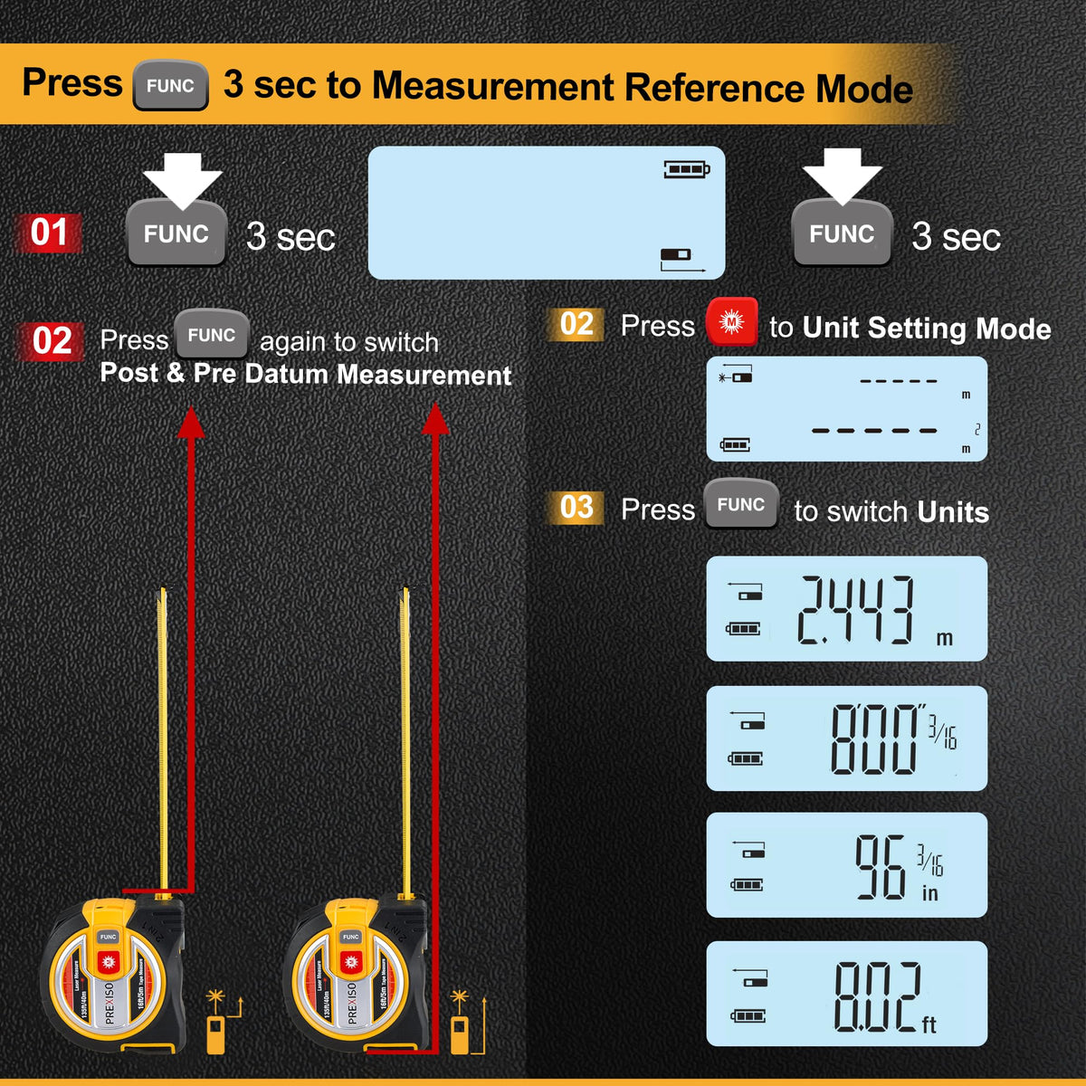 PREXISO laser measure modes include distance, area, and volume calculations.