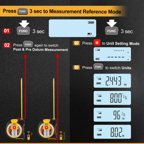 PREXISO laser measure modes include distance, area, and volume calculations.