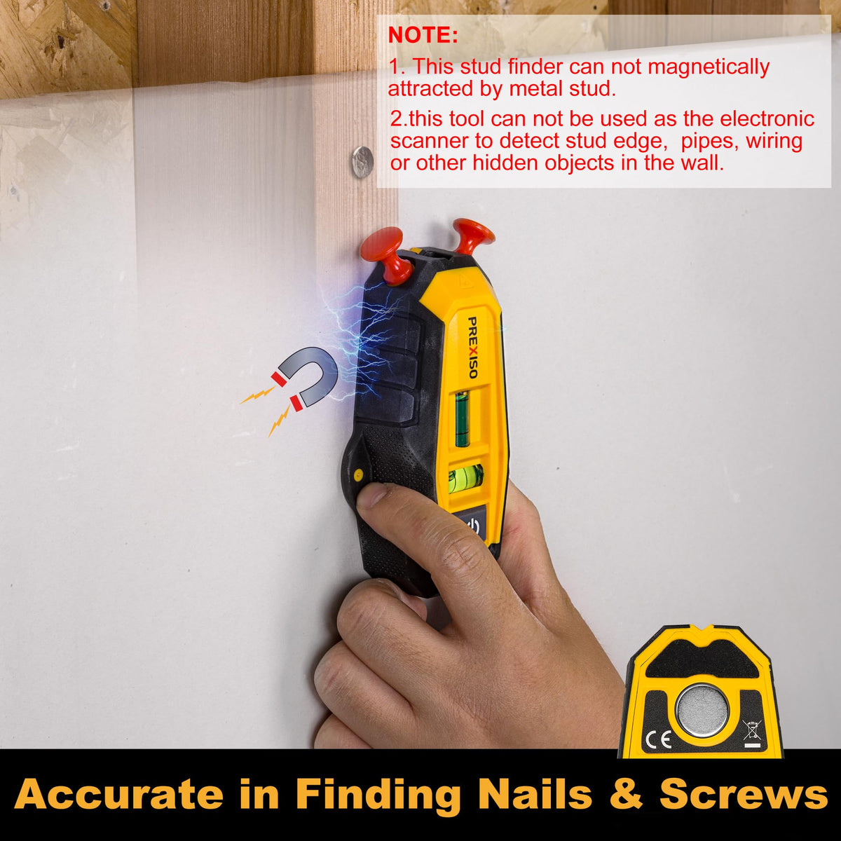Prexiso magnetic stud finder with top pins enables quick wall anchoring.