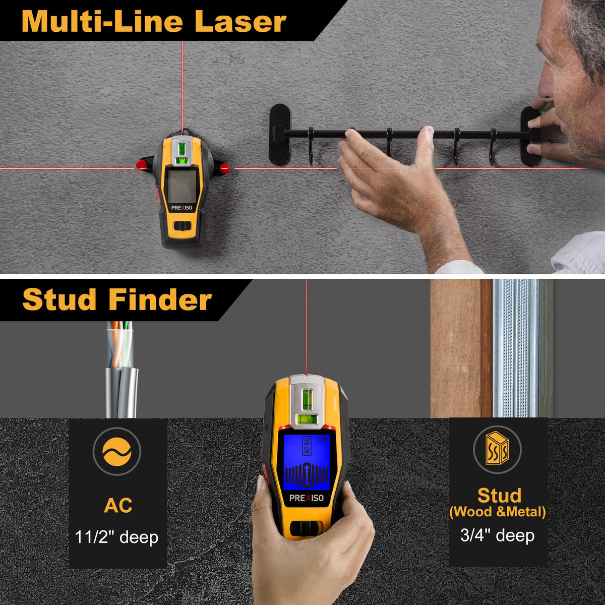 Prexiso rechargeable laser level with bubble vials for accurate alignment.