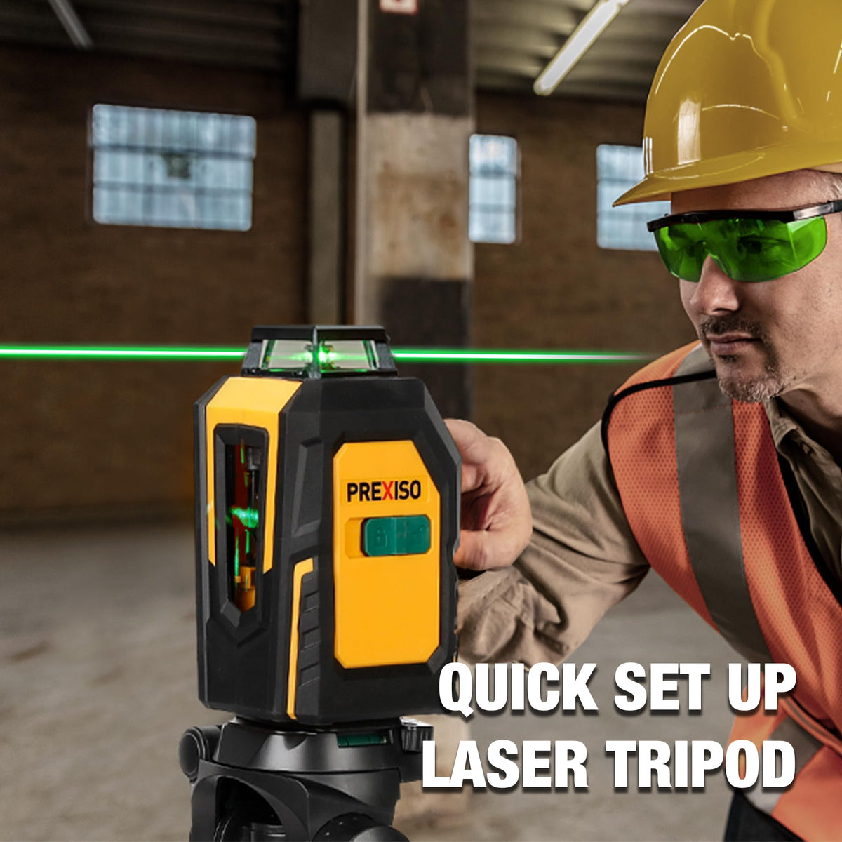 Self-leveling green laser with alarm ensures quick setup on uneven surfaces.