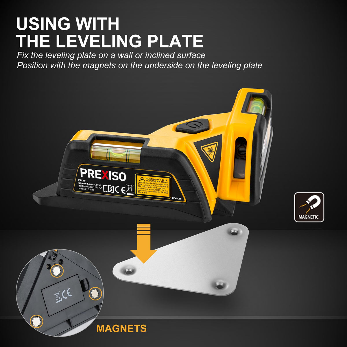 Prexiso Square Laser one button operation turns on perpendicular lines quickly